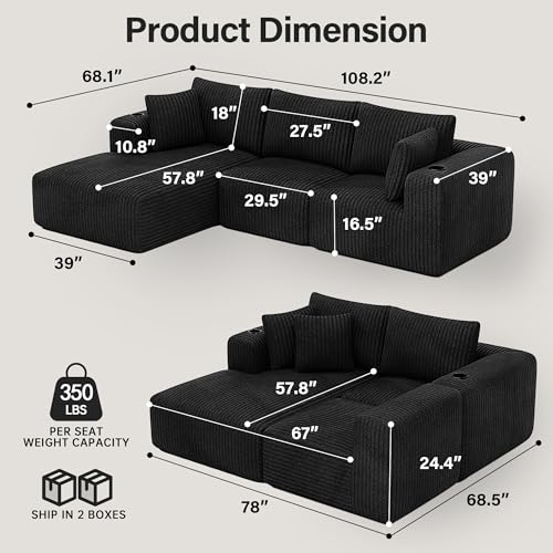 Modular Sectional Sofa with Deep Seat, Cup Holder, Memory Foam, Corduroy B294124