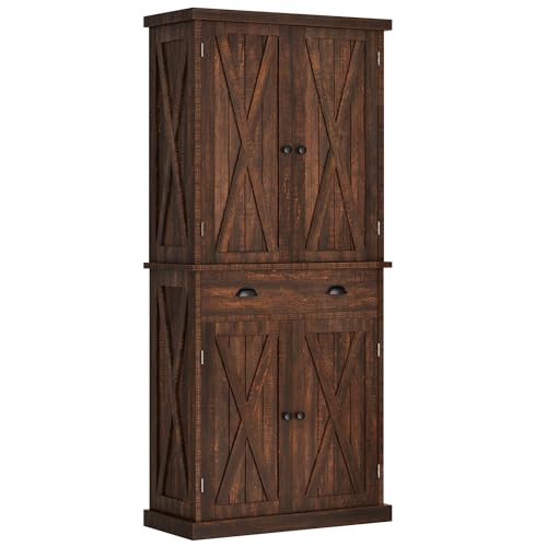 72'' Tall Kitchen Pantry Cabinets with Barn Doors, Drawer & Adjustable Shelves, Dark Rustic Wood Cupboard C962534