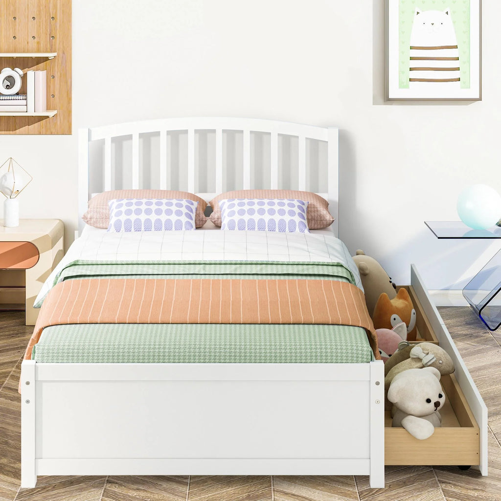 White Wood Twin Size Platform Bed with 2 Drawers Y2010