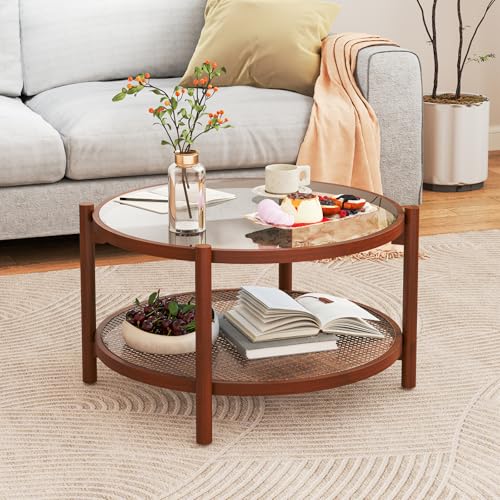Rattan Round Glass Coffee Table with Storage Shelf G8817
