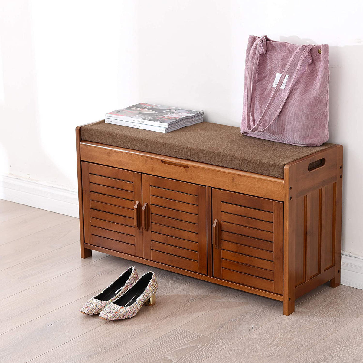 Shoe Storage Rack Bench with Detachable Cushion and Hidden Storage Compartment V60562