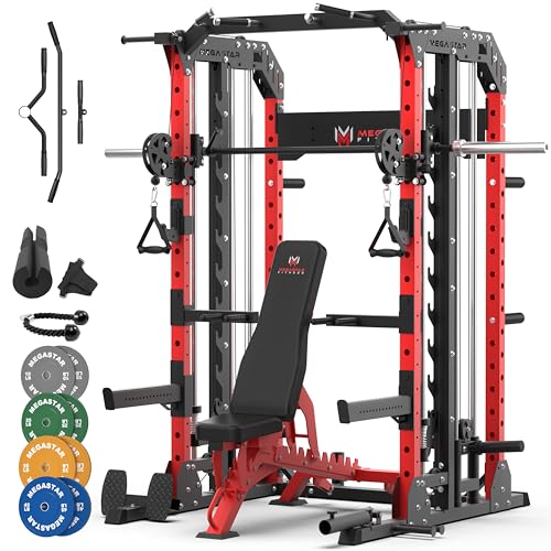 Smith Machine Home Gym with Aluminum Pulley Set - 2000lbs Capacity All-in-One Power Rack with Cable Crossover, Pull-Up Bar & Dip Station, Includes 18 Attachments T35064