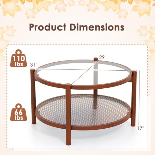 Rattan Round Glass Coffee Table with Storage Shelf G8817