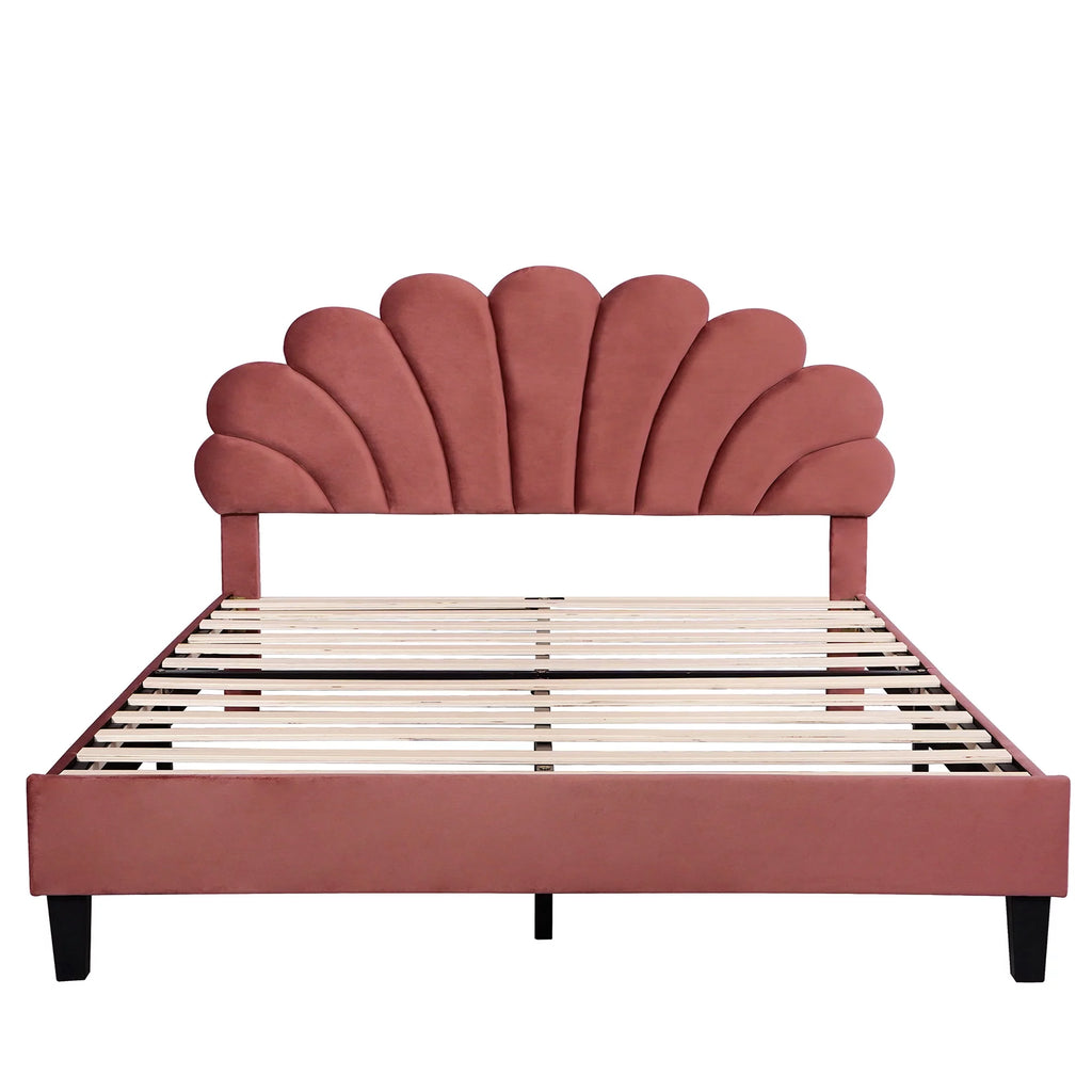 Queen Size Velvet Upholstered Platform Bed Frame with Flower Pattern Headboard F993900
