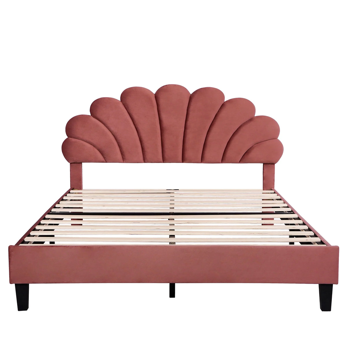 Queen Size Velvet Upholstered Platform Bed Frame with Flower Pattern Headboard F993900