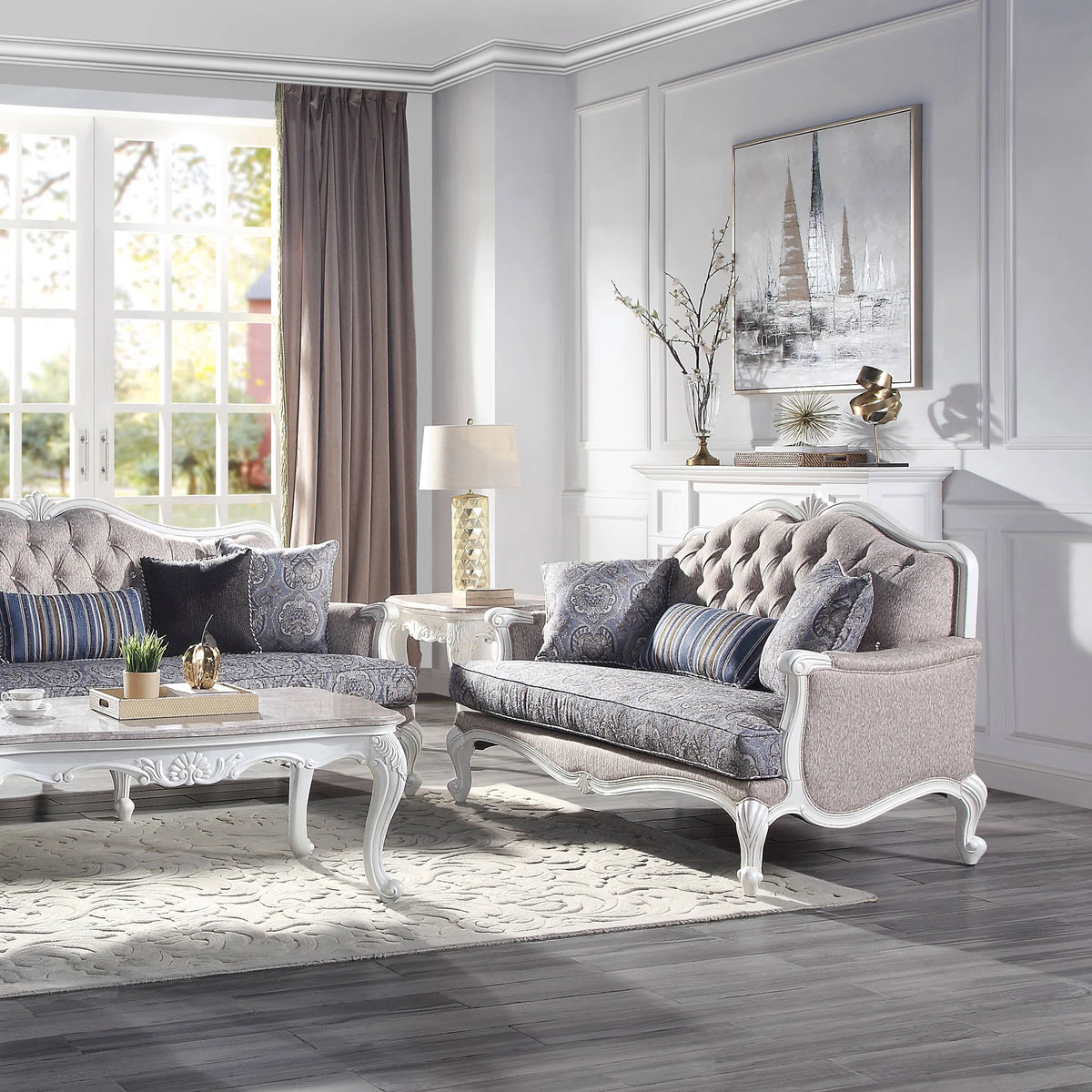 Beige and White Loveseat with 3 Pillows Z643238