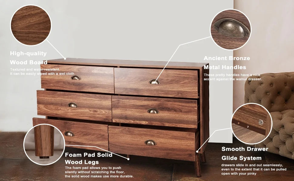 Wood 6 Drawer Dresser with Metal Handles G84652