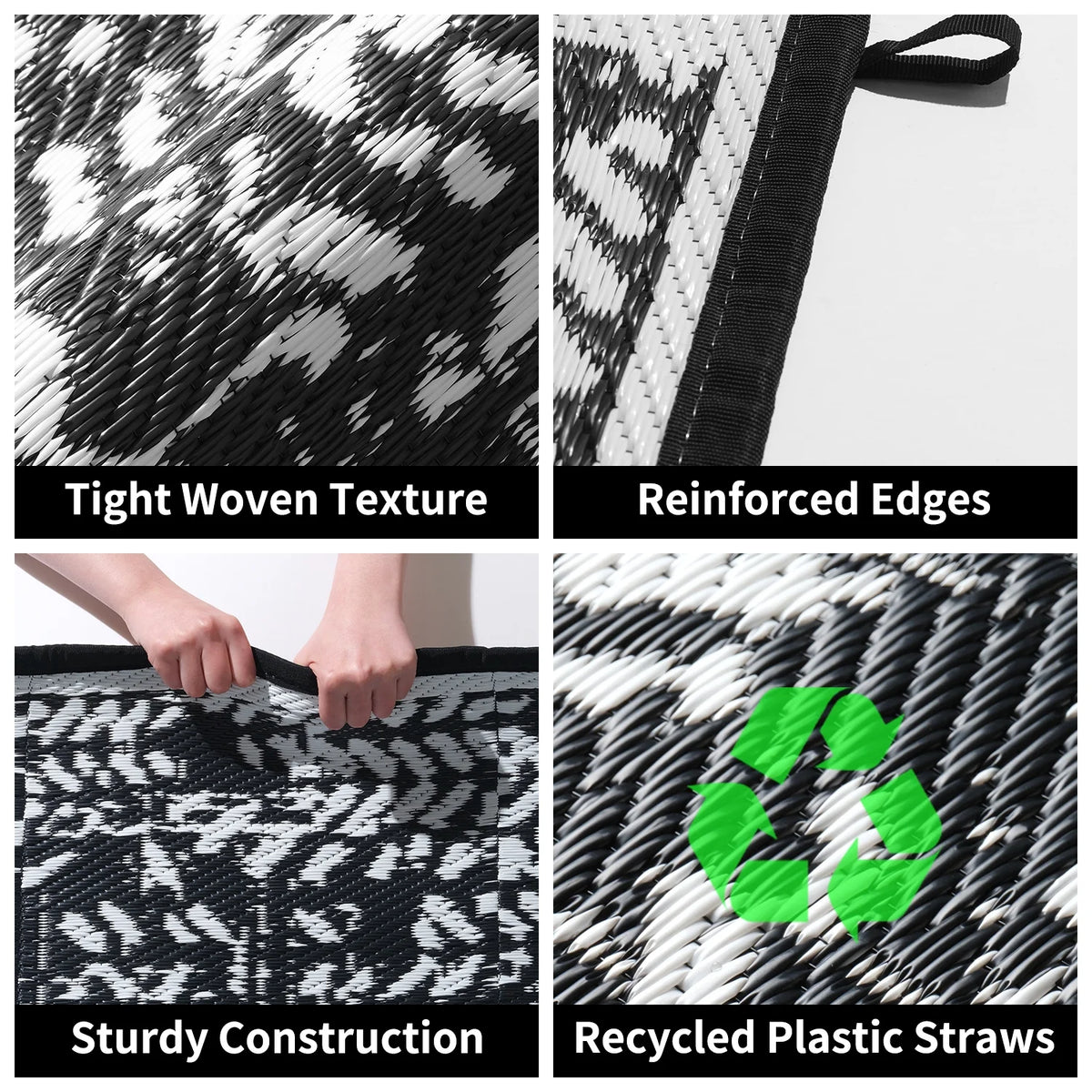 Black and White Waterproof Plastic Straw Reversible Outdoor Rug 5x8 K11802