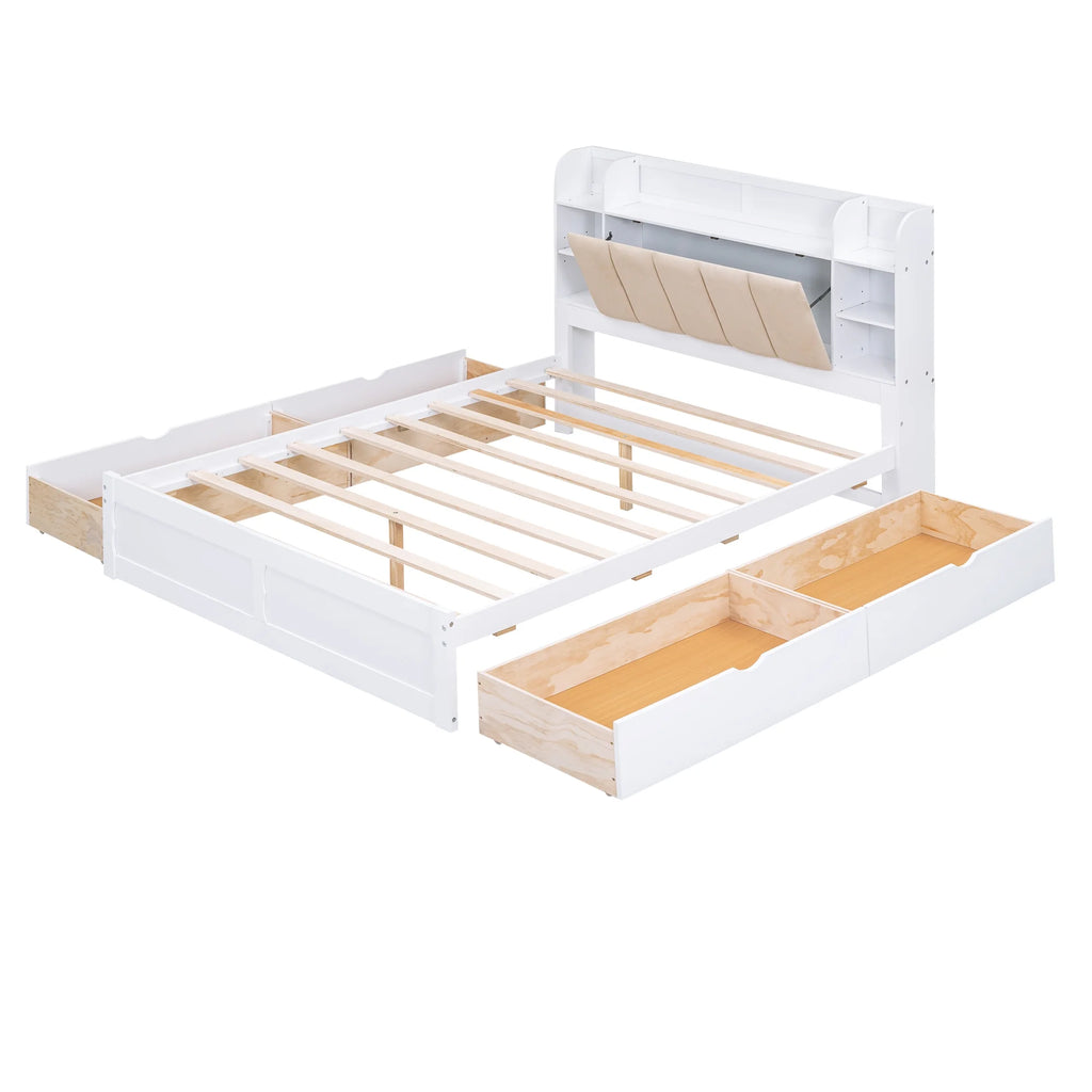White Wood Queen Size Platform Bed with Storage Headboard and Four Drawers K92223