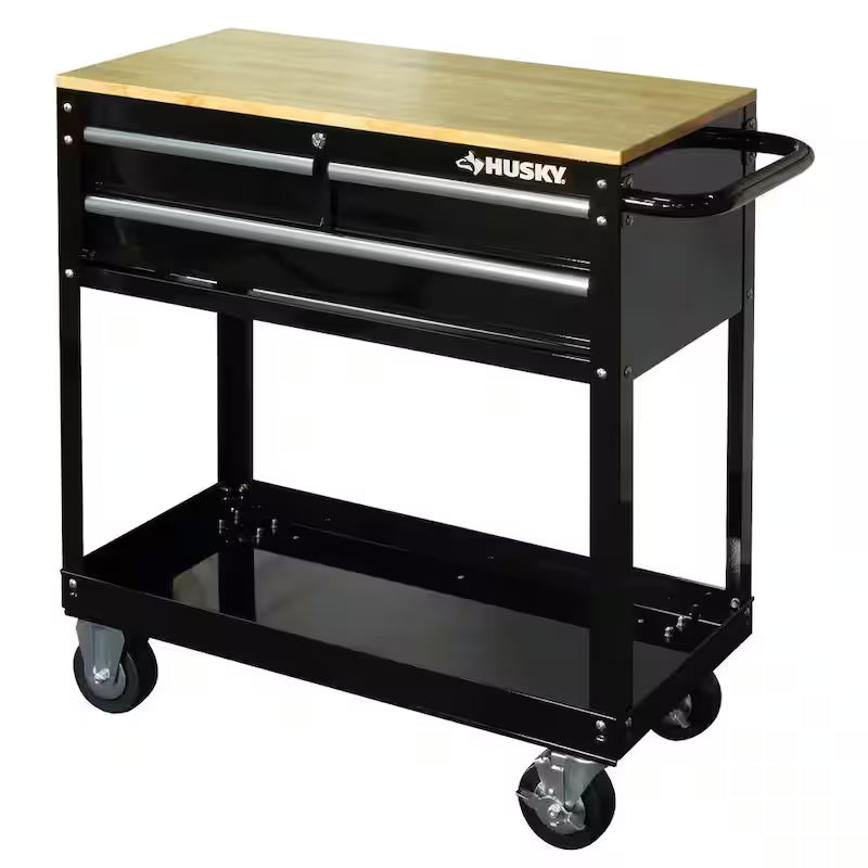 3-Drawer Gloss Black Rolling Tool Cart with Hardwood Top L610810