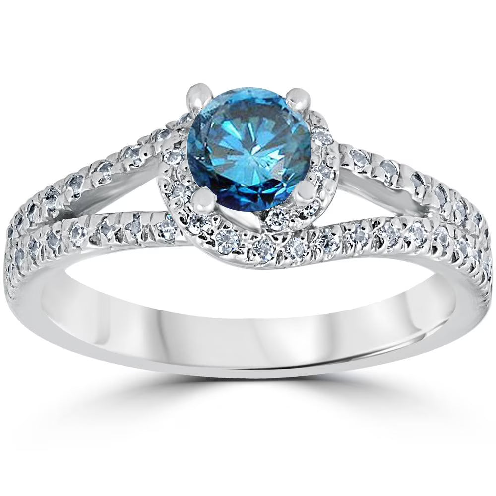 1ct Blue Diamond Twist Engagement Ring 14K White Gold I9093