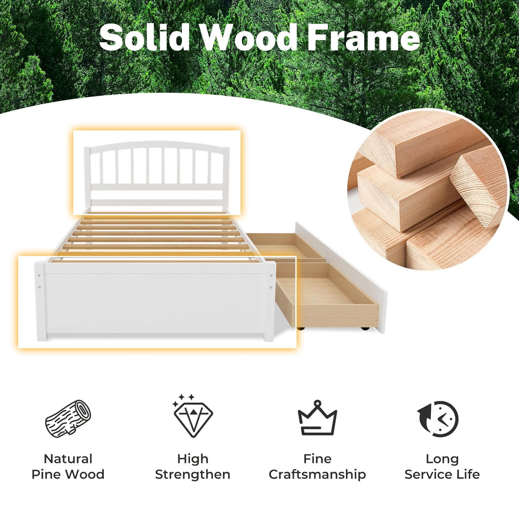 White Wood Twin Size Platform Bed with 2 Drawers Y2010