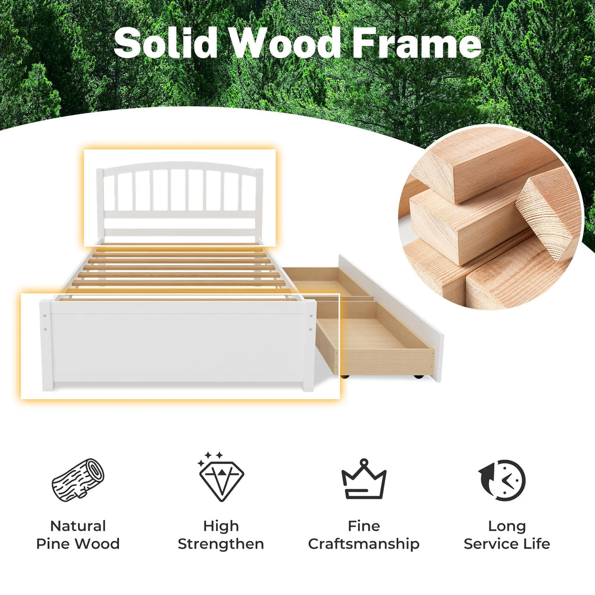 White Wood Twin Size Platform Bed with 2 Drawers Y2010