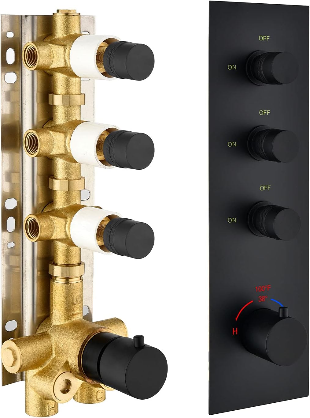 3 Outlet Solid Brass Thermostatic Shower Mixer Valve Matte Black Round U33314