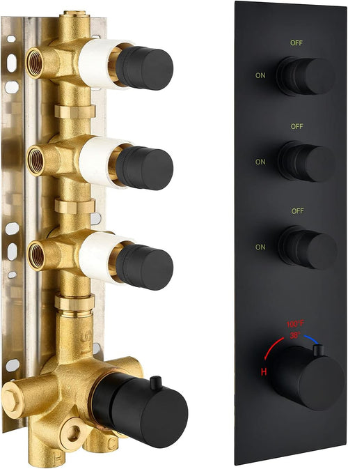 3 Outlet Solid Brass Thermostatic Shower Mixer Valve Matte Black Round U33314