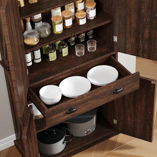 72'' Tall Kitchen Pantry Cabinets with Barn Doors, Drawer & Adjustable Shelves, Dark Rustic Wood Cupboard C962534