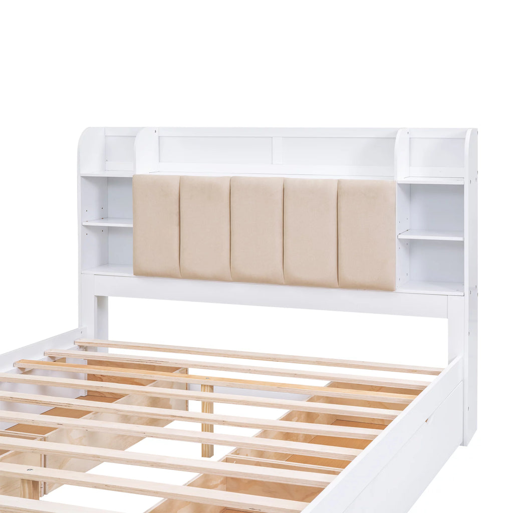 White Wood Queen Size Platform Bed with Storage Headboard and Four Drawers K92223