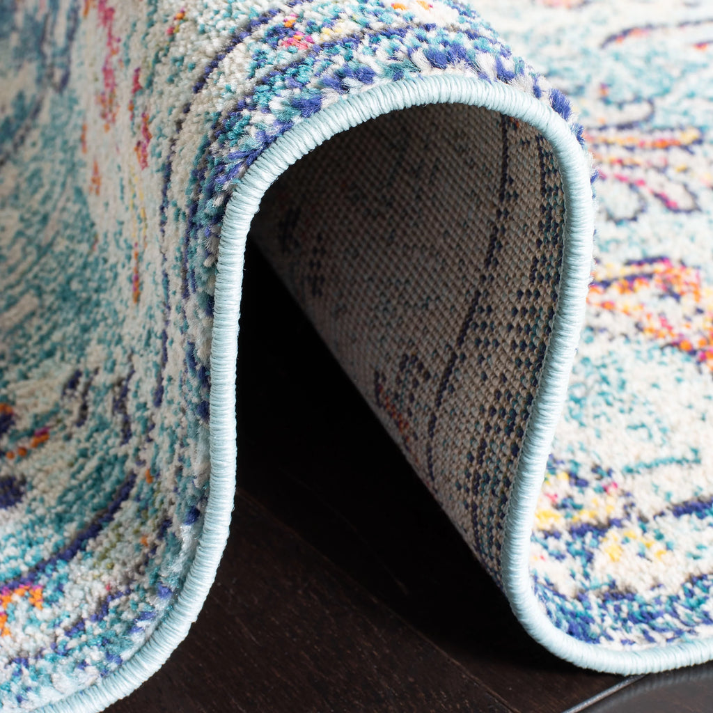 Navy Light Blue Vintage Floral Round Area Rug G24406