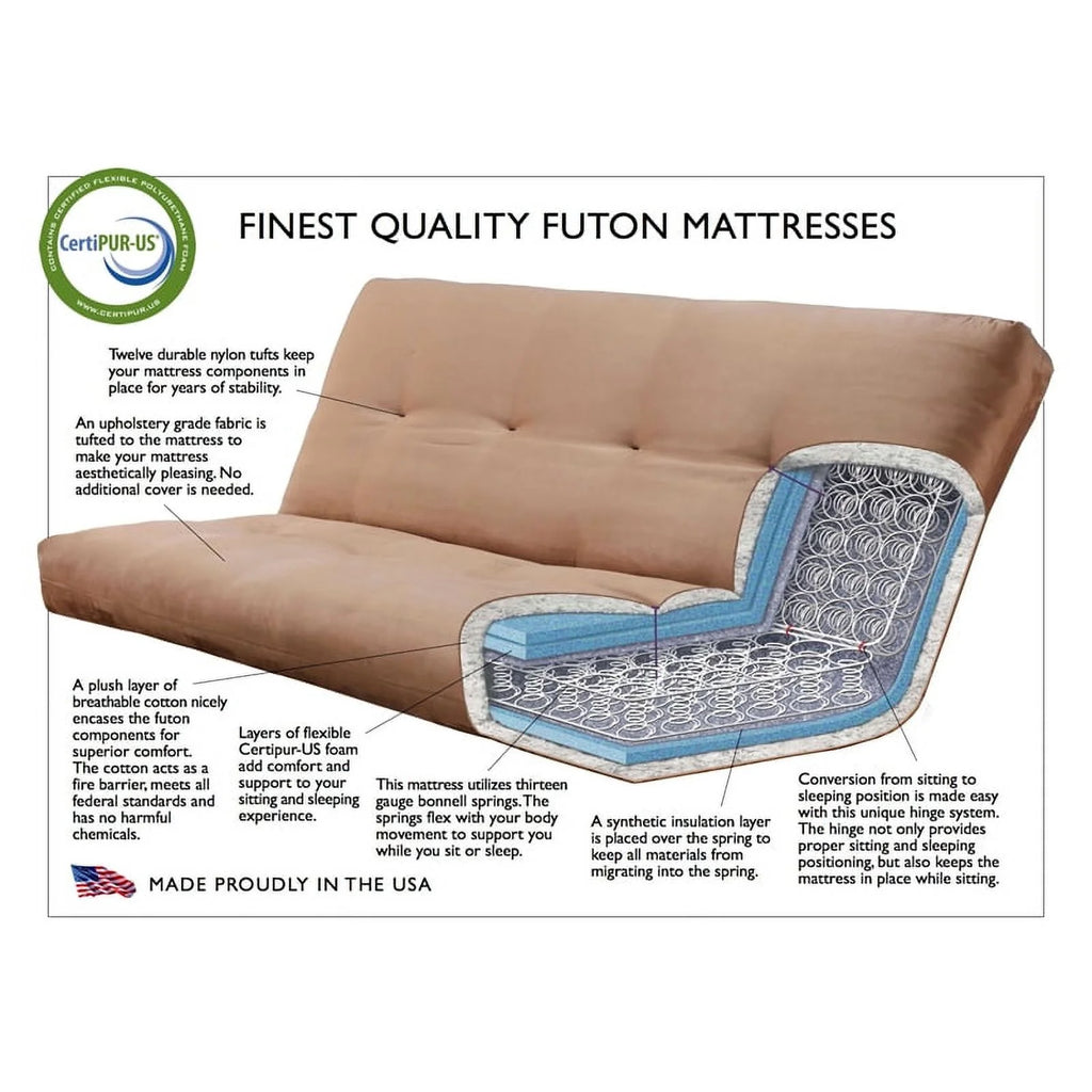 Full Traditional Linen Fabric Futon Mattress in Cocoa Brown L4082