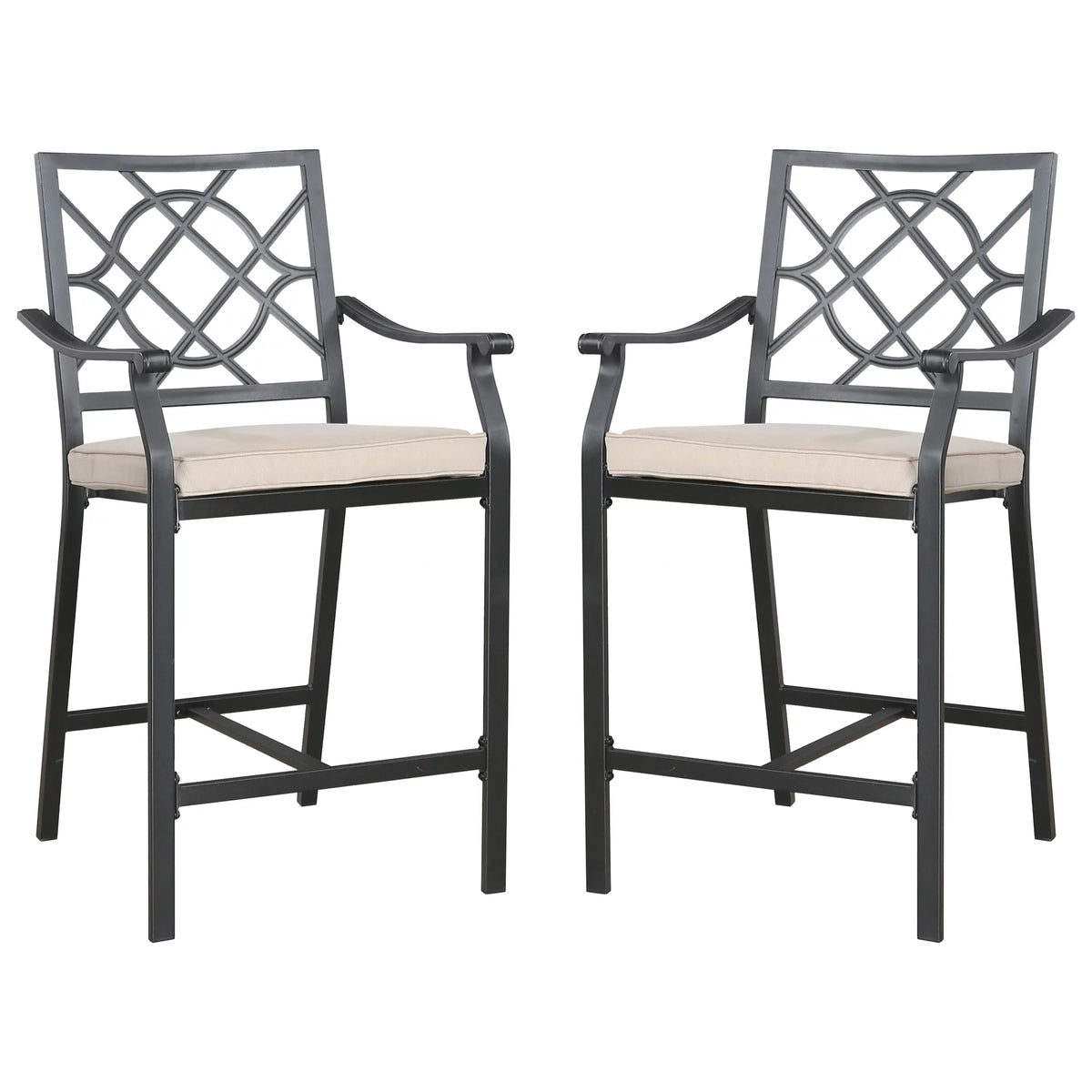 Metal Patio Counter Height Bar Stools with Beige Cushion, Set of 2 K8084