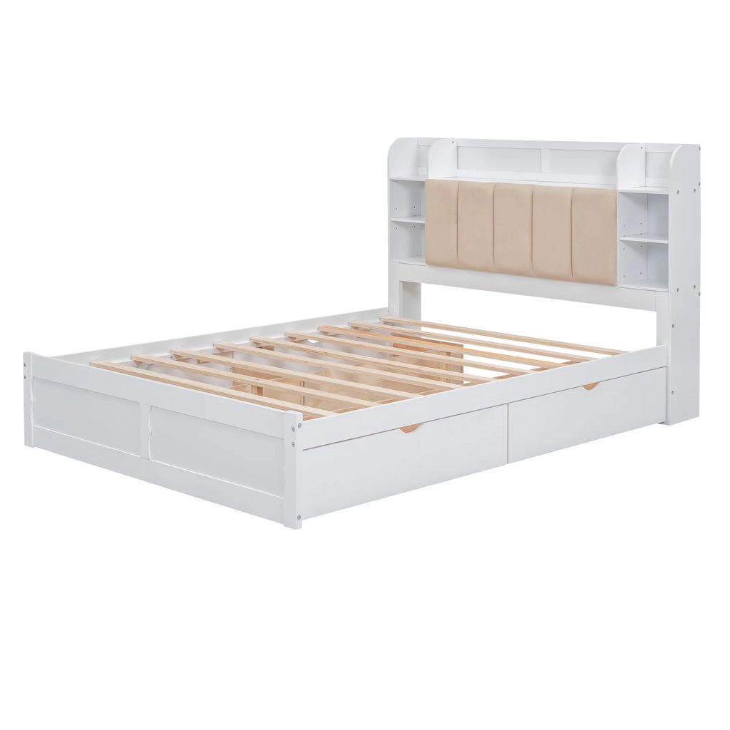 White Wood Queen Size Platform Bed with Storage Headboard and Four Drawers K92223