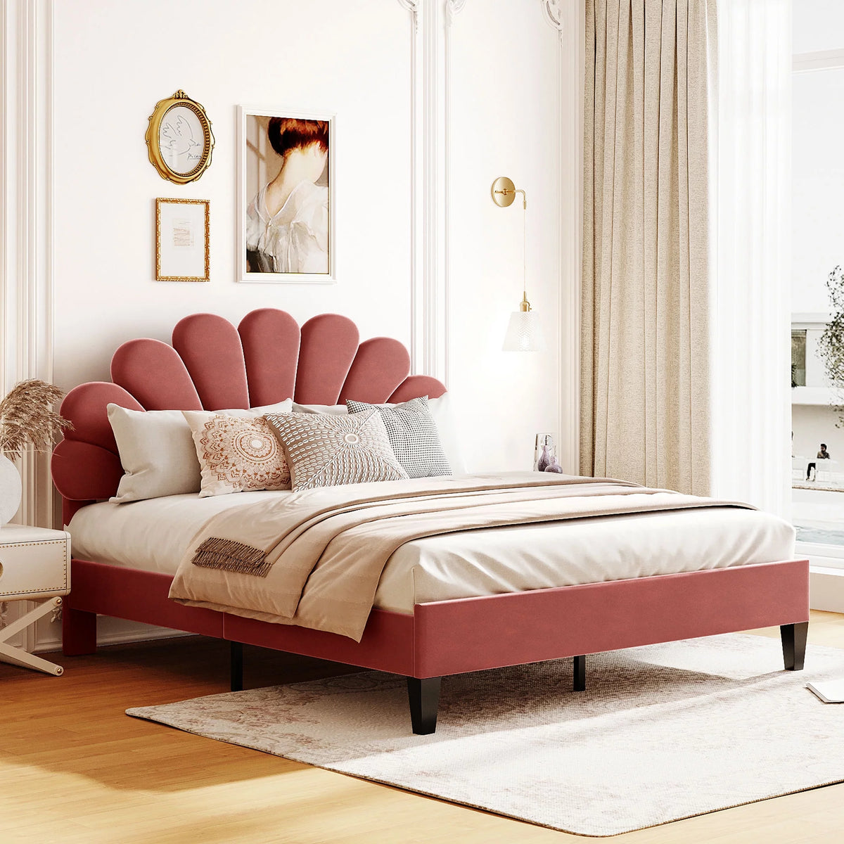 Queen Size Velvet Upholstered Platform Bed Frame with Flower Pattern Headboard F993900