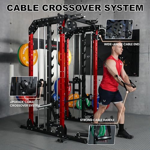 Smith Machine Home Gym with Aluminum Pulley Set - 2000lbs Capacity All-in-One Power Rack with Cable Crossover, Pull-Up Bar & Dip Station, Includes 18 Attachments T35064