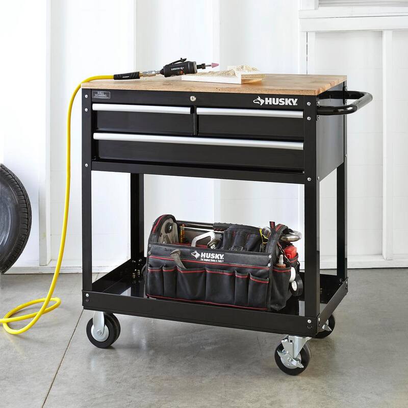 3-Drawer Gloss Black Rolling Tool Cart with Hardwood Top L610810