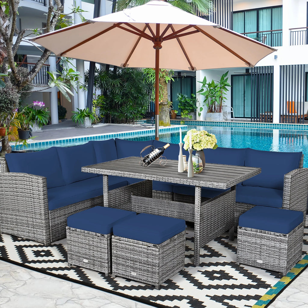 7 Pcs Patio Rattan Dining Set Sectional Sofa Couch Ottoman Black P250