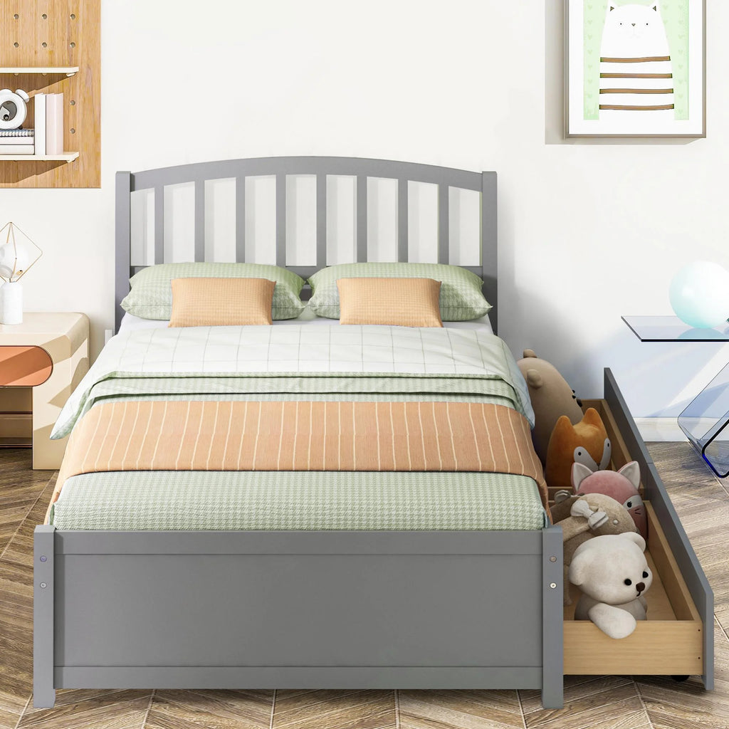 White Wood Twin Size Platform Bed with 2 Drawers Y2010
