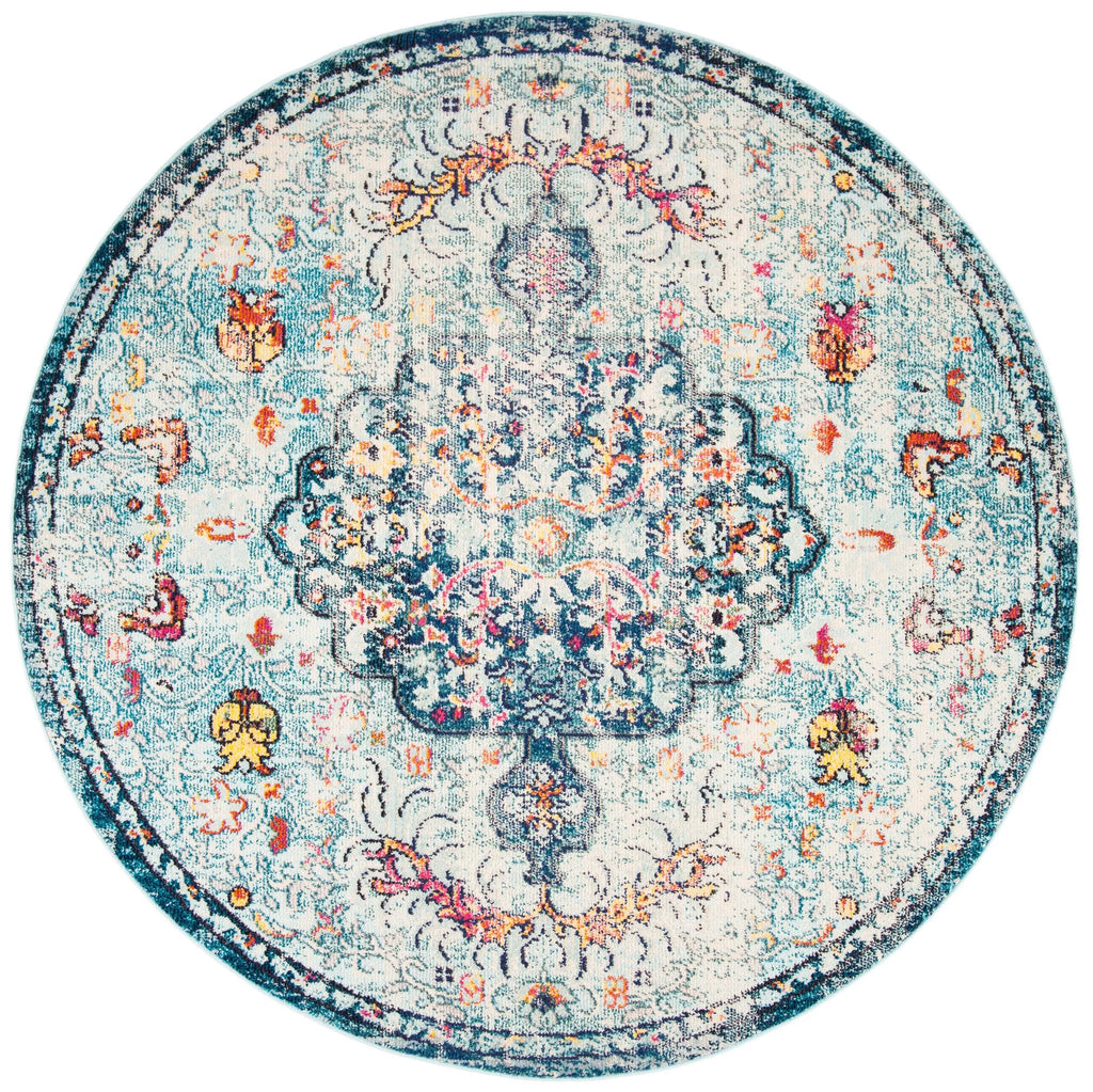 Navy Light Blue Vintage Floral Round Area Rug G24406