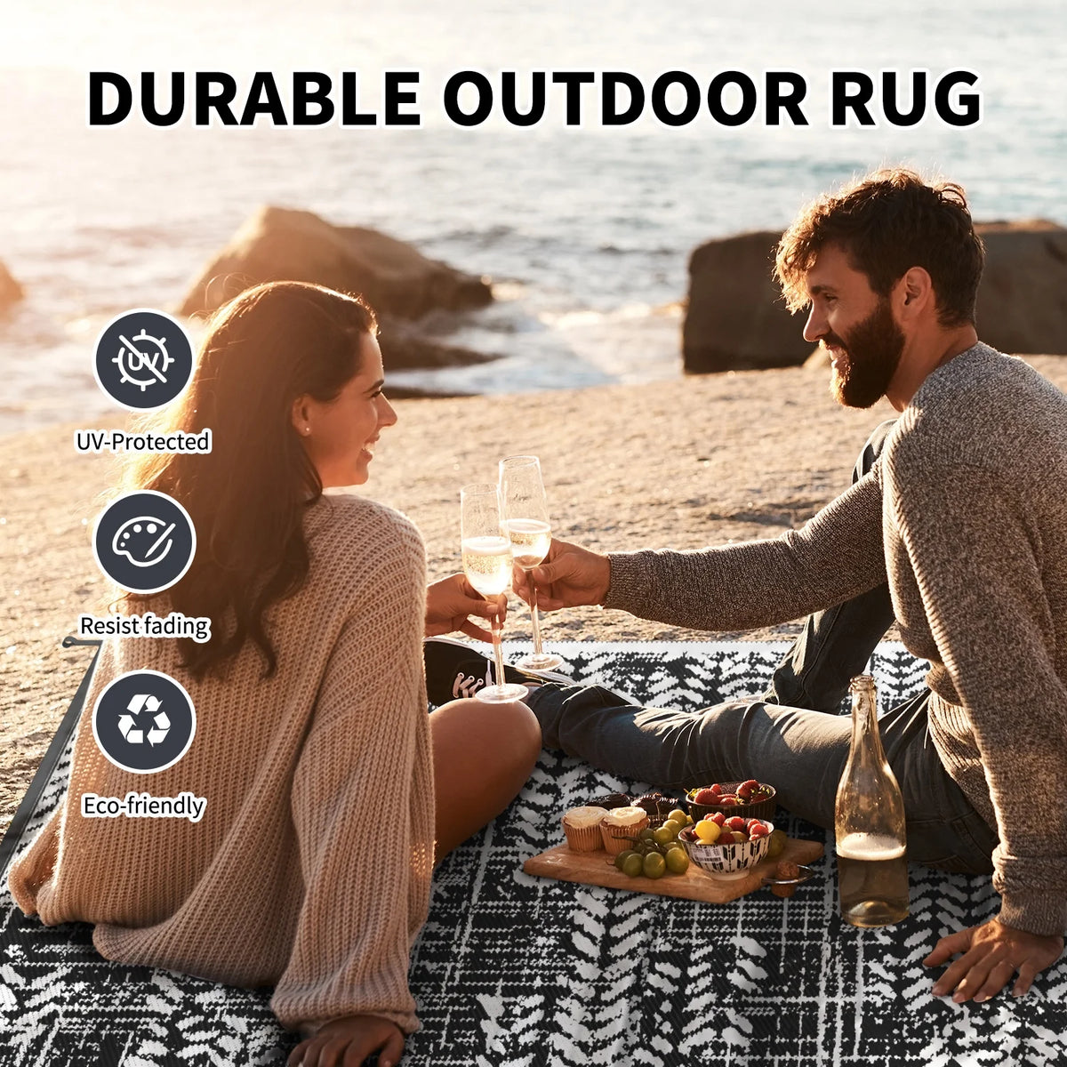Black and White Waterproof Plastic Straw Reversible Outdoor Rug 5x8 K11802