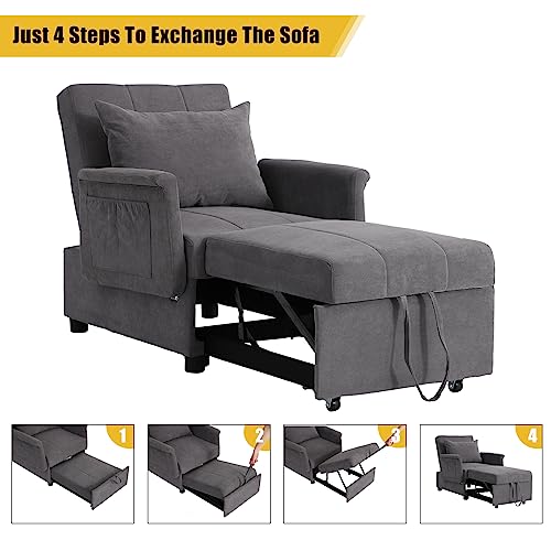 Black PU Leather Convertible Chair Sleeper Bed with Lumbar Pillow Y811