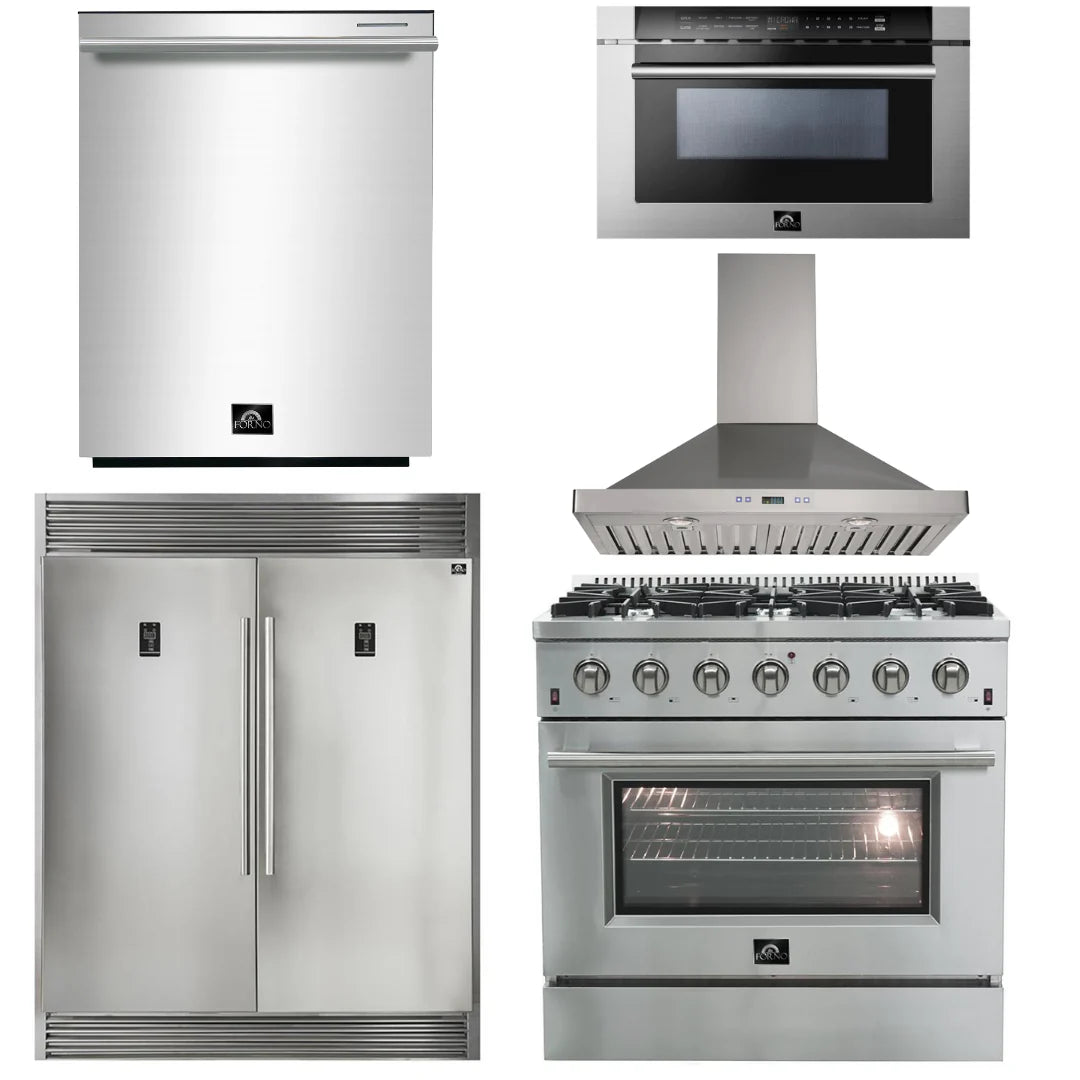 36 Inch Gas Range, Wall Mount Range Hood, Refrigerator, Microwave Drawer, Dishwasher J970