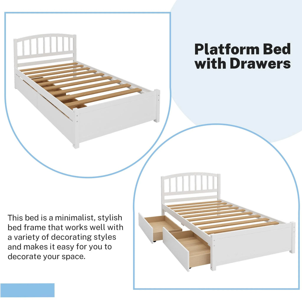 White Wood Twin Size Platform Bed with 2 Drawers Y2010