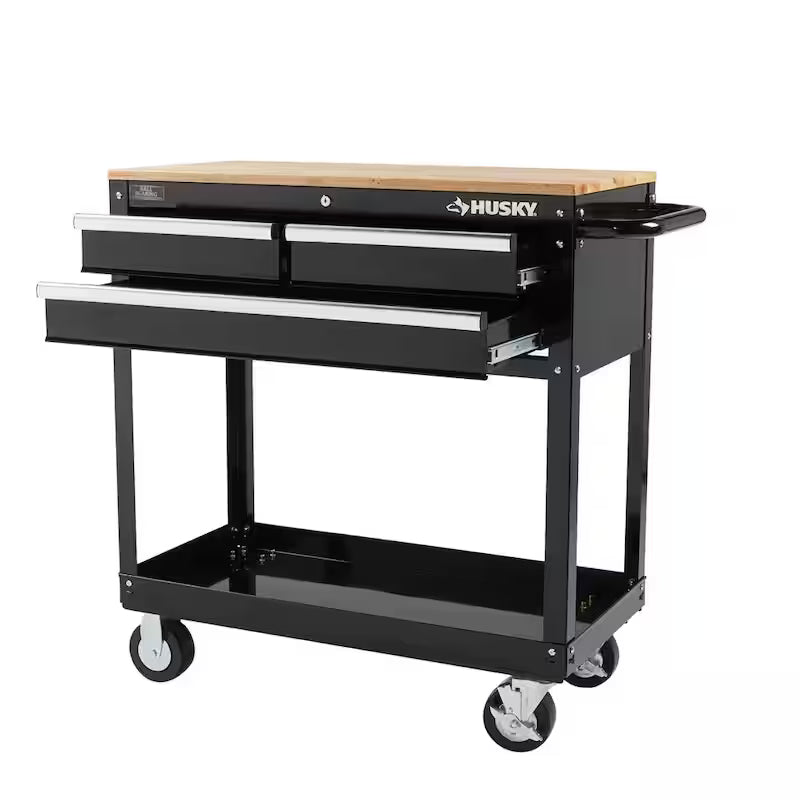 3-Drawer Gloss Black Rolling Tool Cart with Hardwood Top L610810