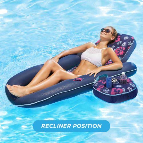 Navy Hibiscus 2 in 1 Pool Float with Caddy and Hand Pump J10190