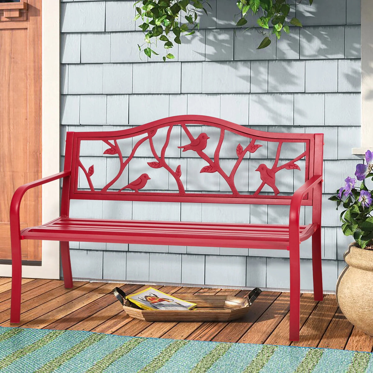 Red Metal Patio Garden Bench S53730