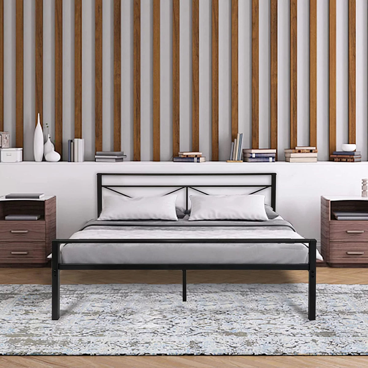 Black Queen Size Metal Platform Bed Frame with Headboard W63163