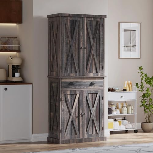 72'' Tall Kitchen Pantry Cabinets with Barn Doors, Drawer & Adjustable Shelves, Dark Rustic Wood Cupboard C962534