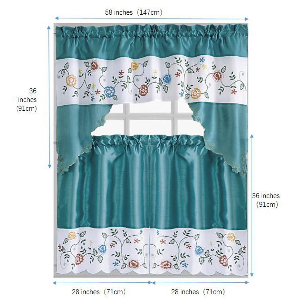 Turquoise 3-Piece Kitchen Curtain Set, 58x36 & 28x36 inches D1381