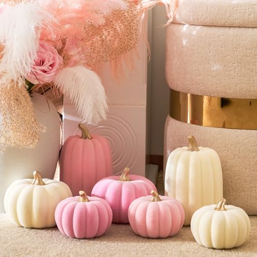 Pink and Beige Flocked Artificial Pumpkins Set 7 PCS N349