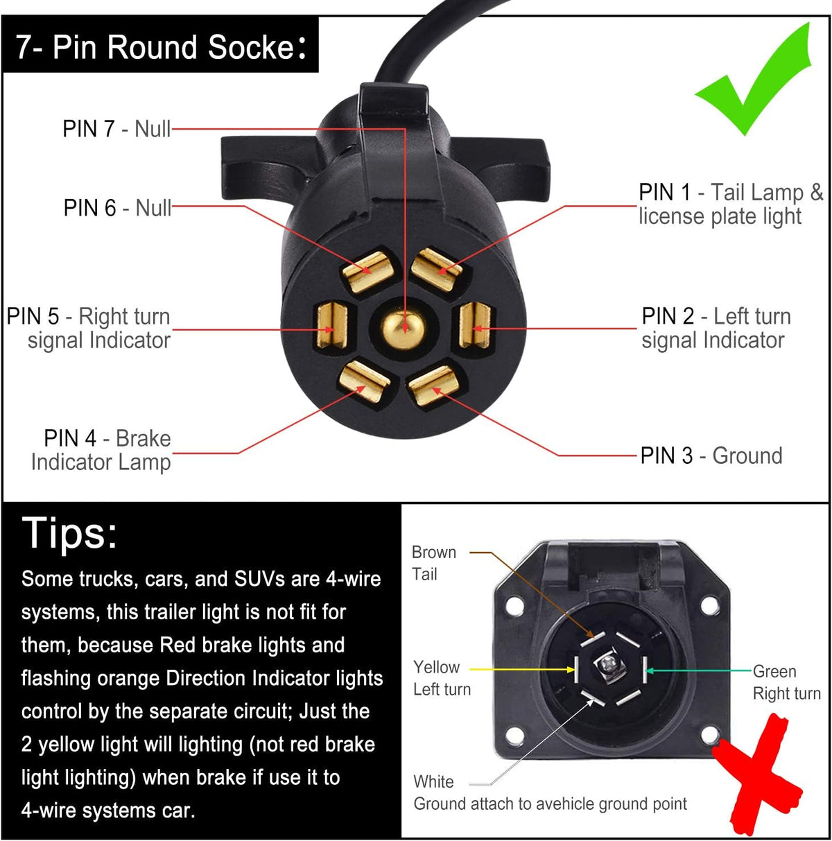 Magnetic LED Trailer Towing Light Kit, 24ft Cable with 7 pin plug, IP68 Waterproof V76867