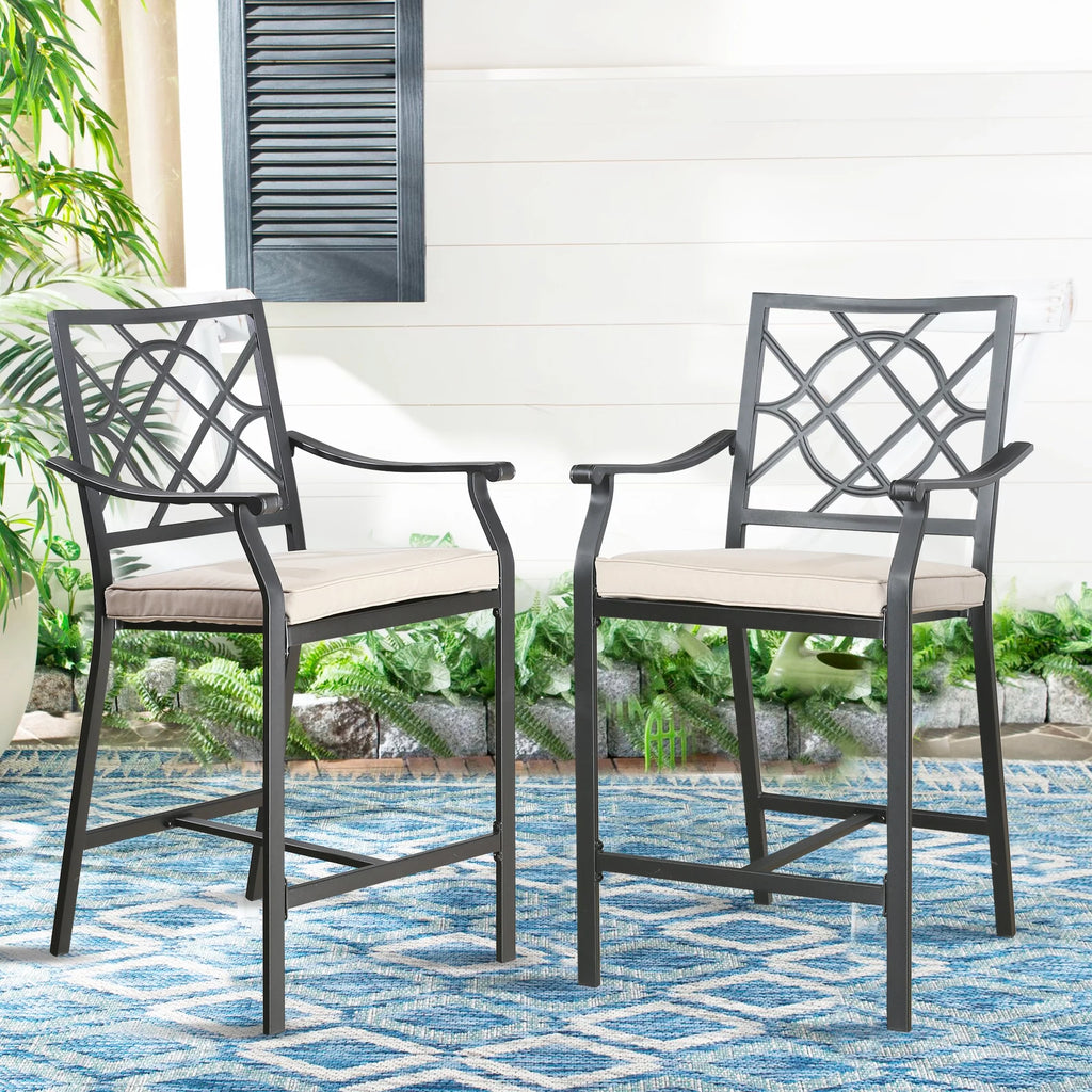 Metal Patio Counter Height Bar Stools with Beige Cushion, Set of 2 K8084