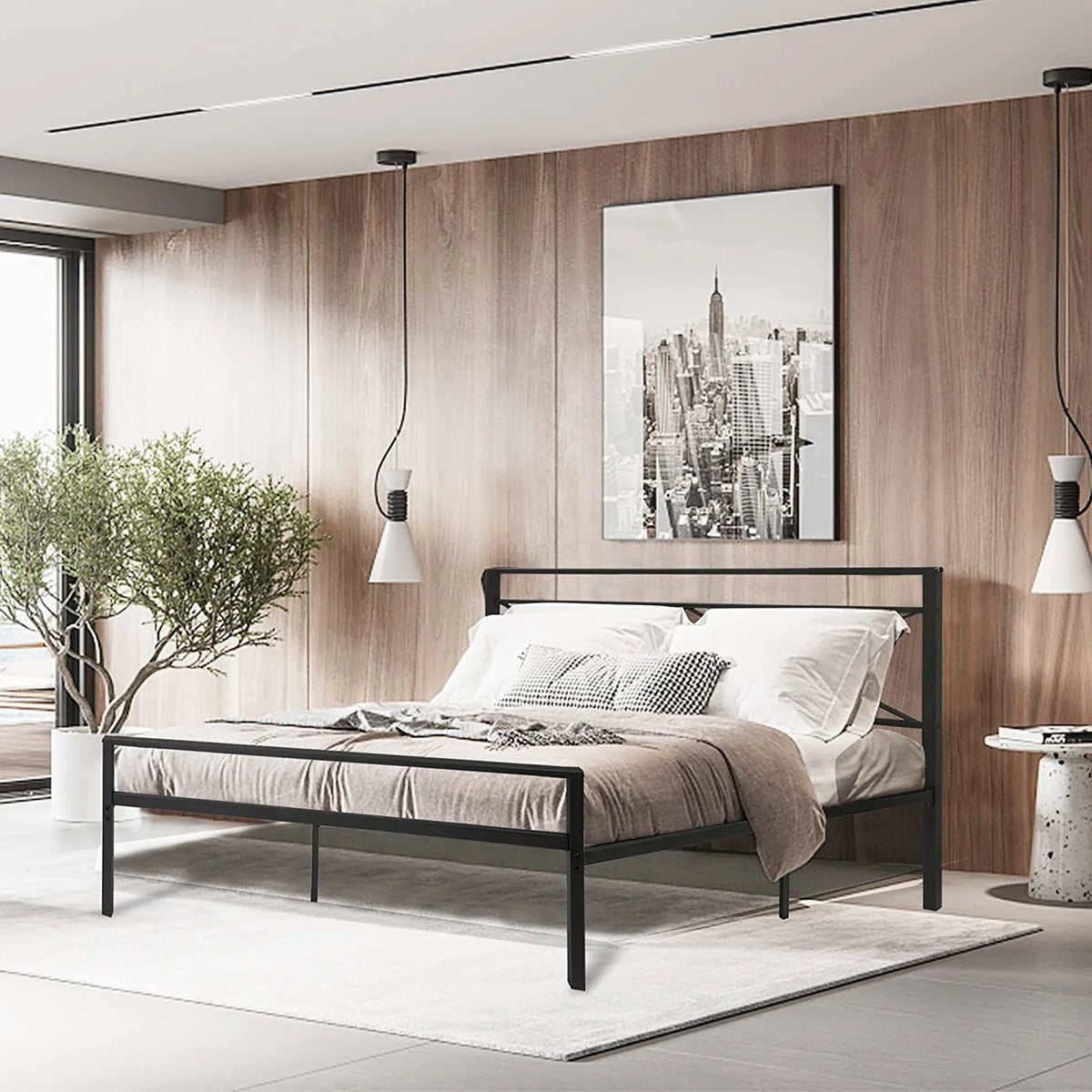 Black Queen Size Metal Platform Bed Frame with Headboard W63163