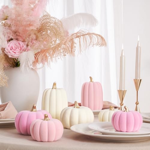 Pink and Beige Flocked Artificial Pumpkins Set 7 PCS N349