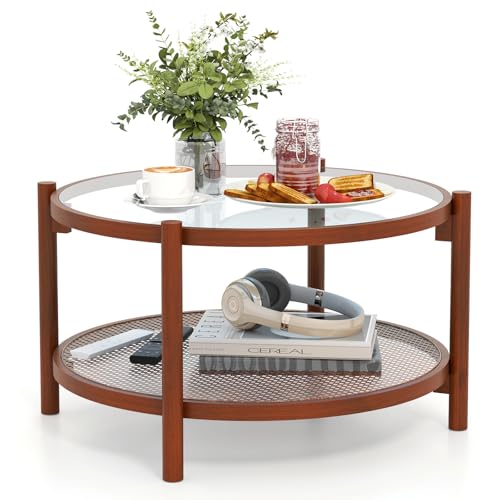 Rattan Round Glass Coffee Table with Storage Shelf G8817