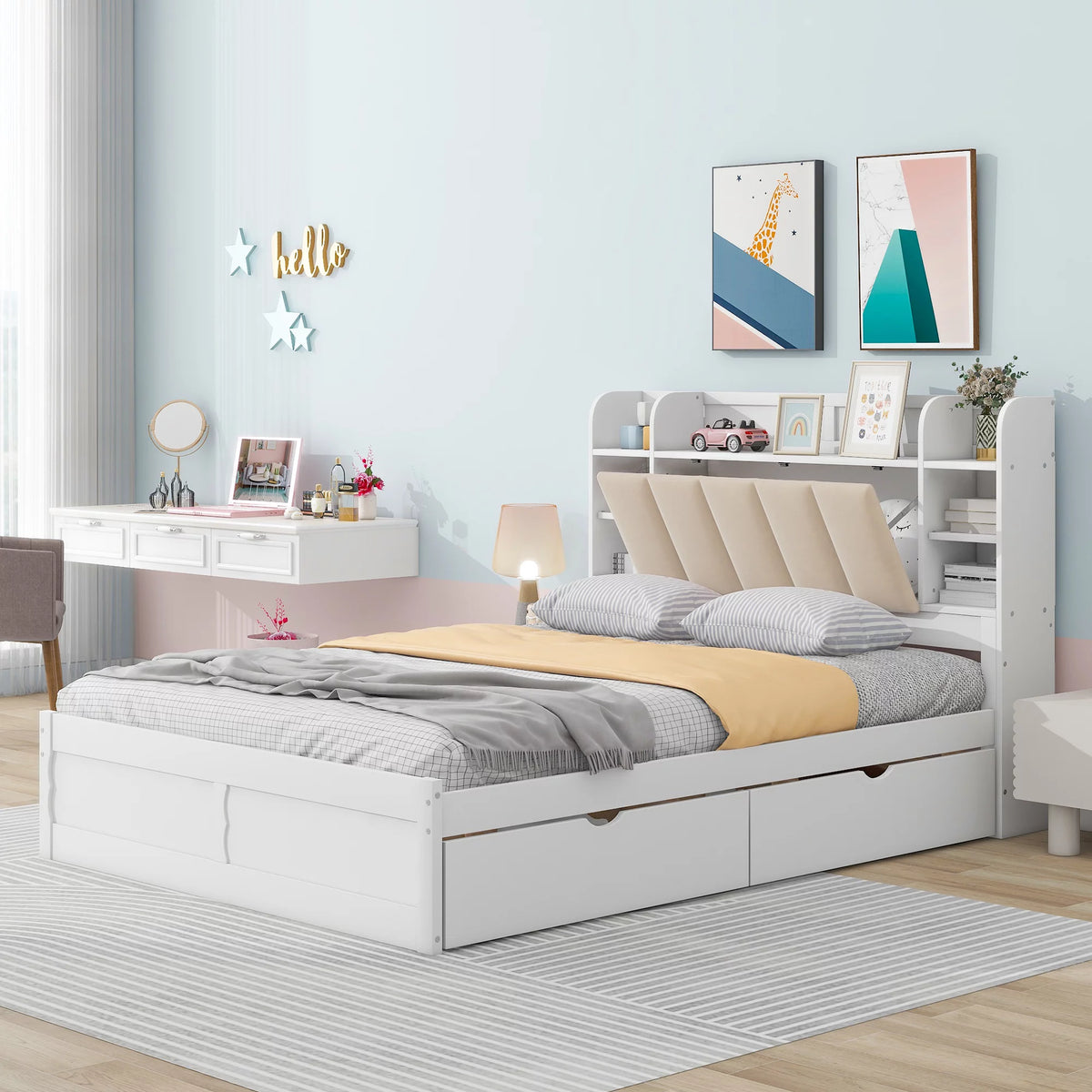 White Wood Queen Size Platform Bed with Storage Headboard and Four Drawers K92223