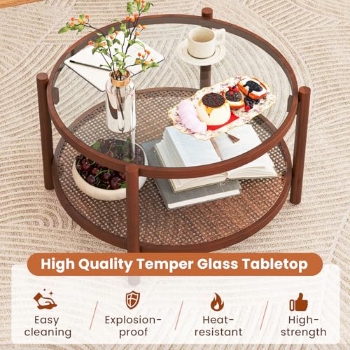 Rattan Round Glass Coffee Table with Storage Shelf G8817