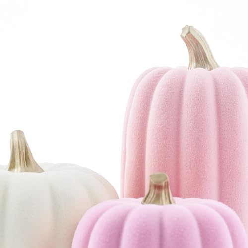 Pink and Beige Flocked Artificial Pumpkins Set 7 PCS N349